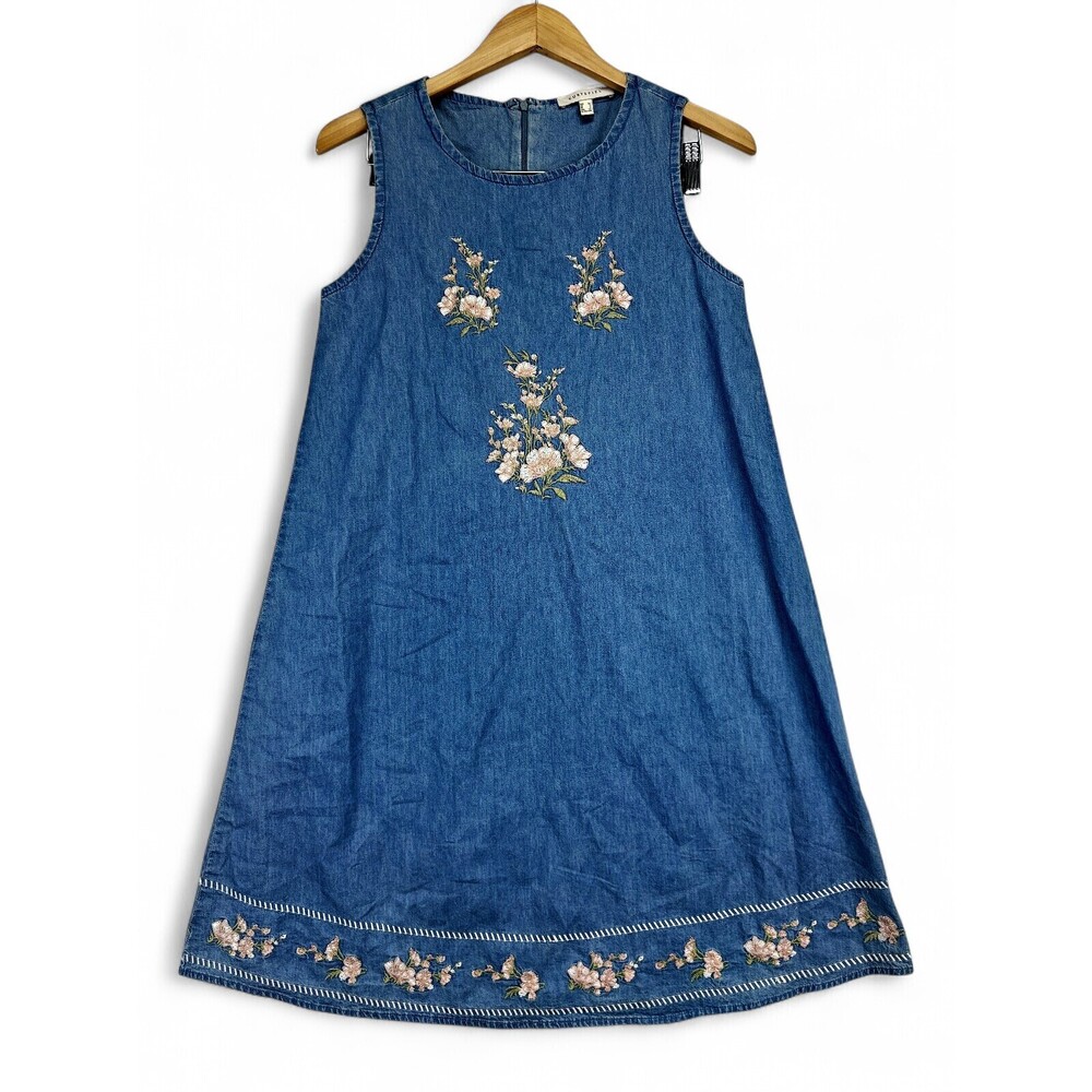 Cortefiel Embroidered Denim Midi Dress Size 2 A-Line